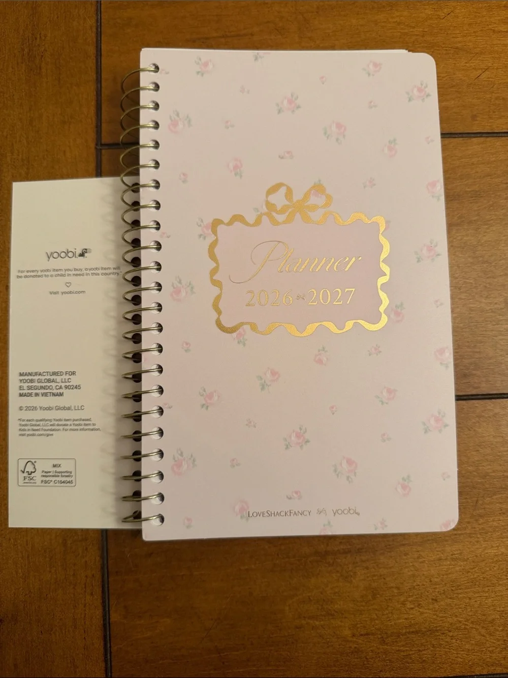 Yoobi Pink LoveShackFancy Floral Planner with Gold Foil Accents