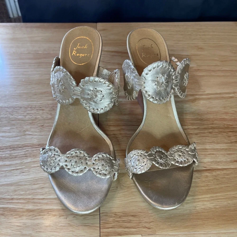 Jack Rogers Gold Metallic Leather Whipstitch Rondelle Wedge Sandals Womens 11M