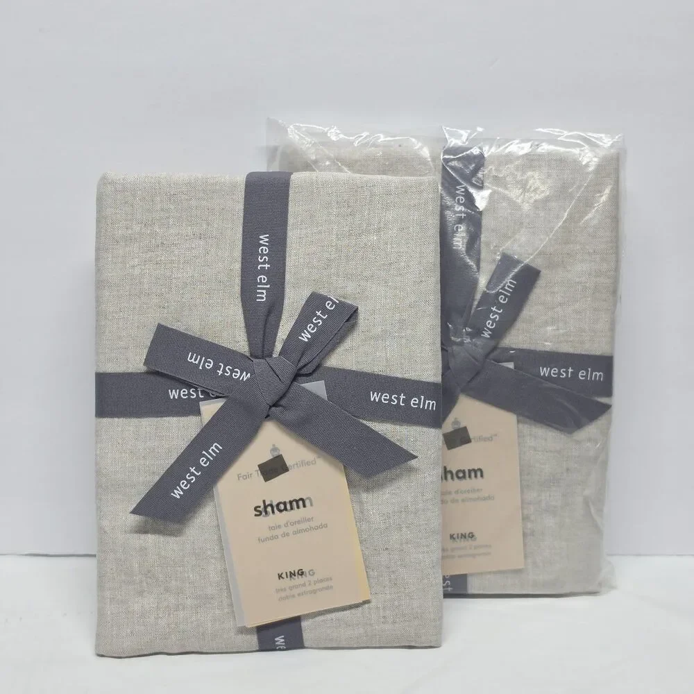 New West Elm Belgian Flax Linen Light Gray KING Sham Pillowcase Set Of 2