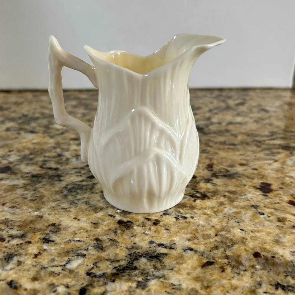 Belleek Shamrock Creamer 3.5in Ivory Basketweave Parian China Green Mark
