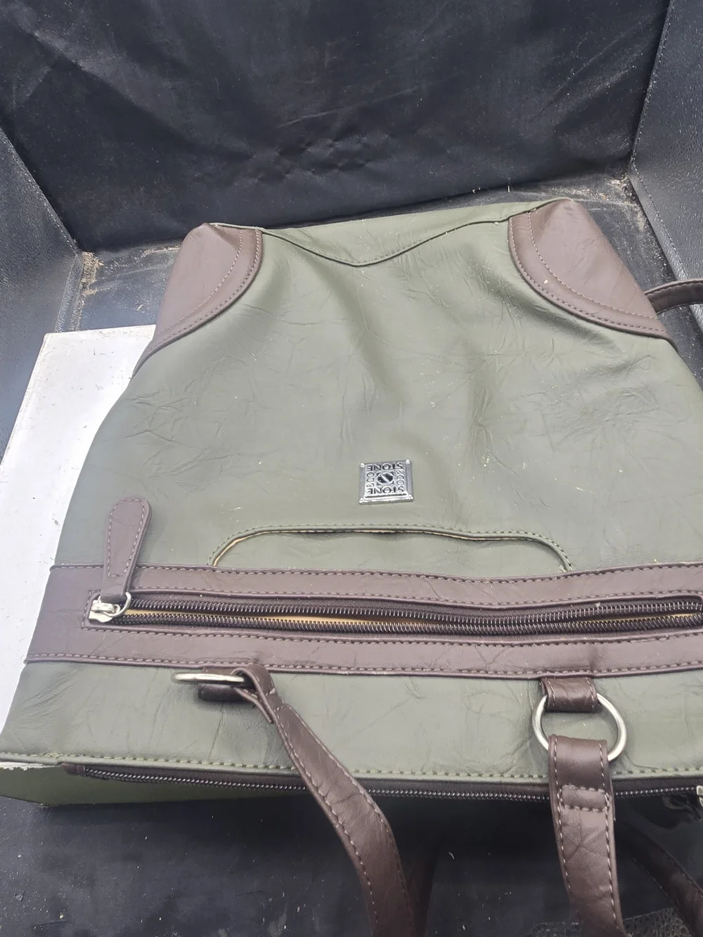 Stone & Co. Olive Green Backpack with Brown Trim