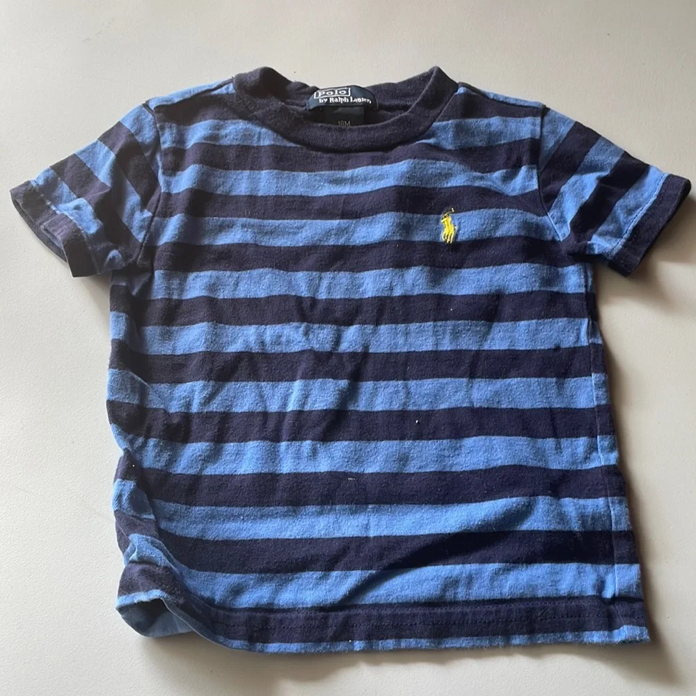 Ralph Lauren at 18 months,  dark and light, blue striped with yellow polo