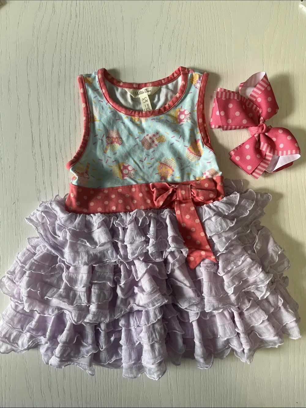 Matilda Jane Lavender Ruffle Dress with Pink Polka Dot Accents