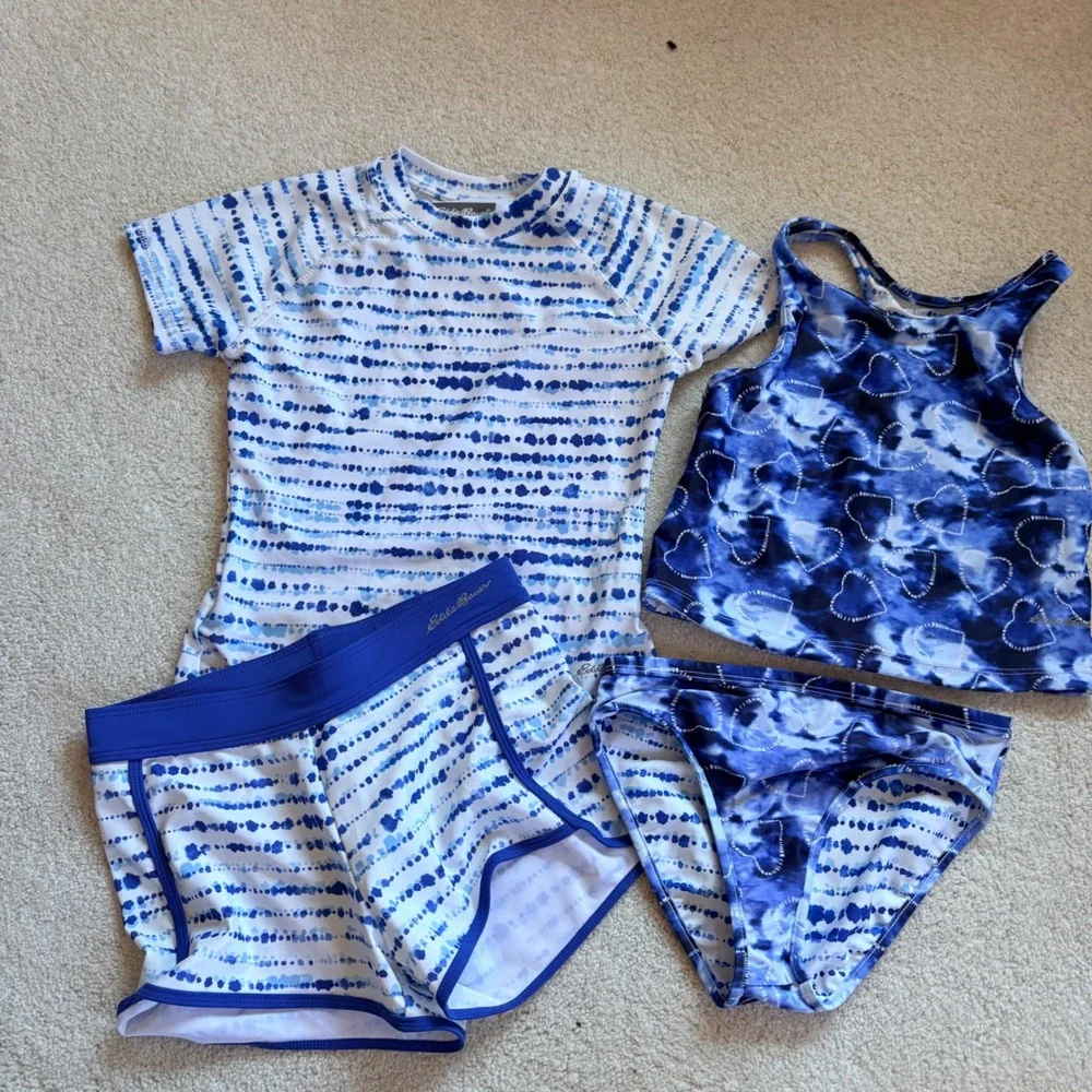 Eddie Bauer Swim Set 4-Piece Mix & Match Girls Size S 7/8 Blue Tie Dye NWOT