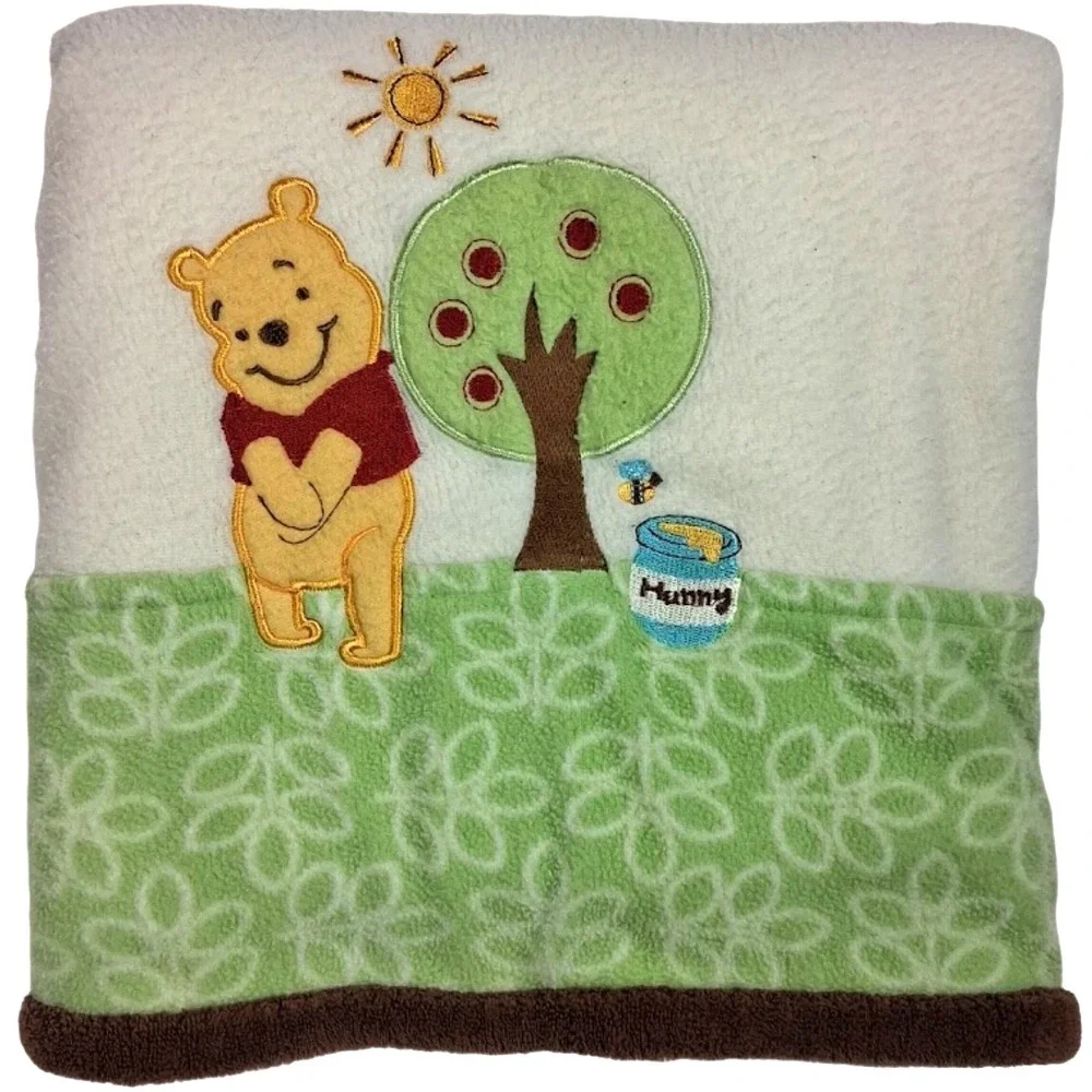Winnie The Pooh Bear Apple Tree Honey Fleece Baby Blanket Beige Green Brown Trim