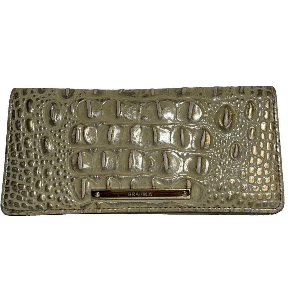 Brahmin Ady MELBOURNE Slim Leather Wallet Metallic Ivory/ Silver Sheen Old Money