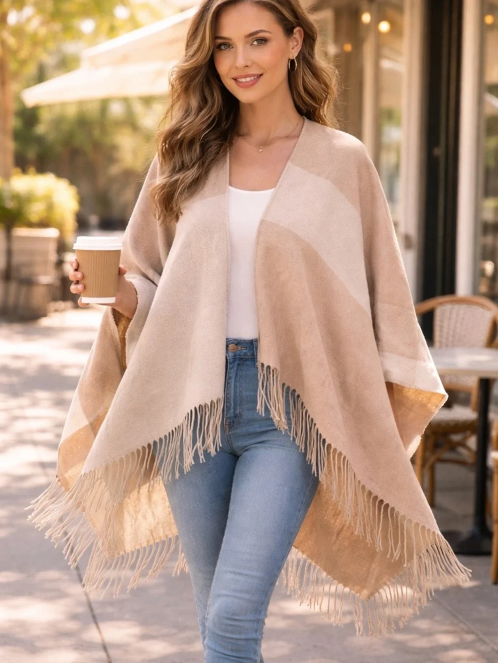 Soia & Kyo Fringed Poncho Wrap | Beige Cream Scarfigan | One Size