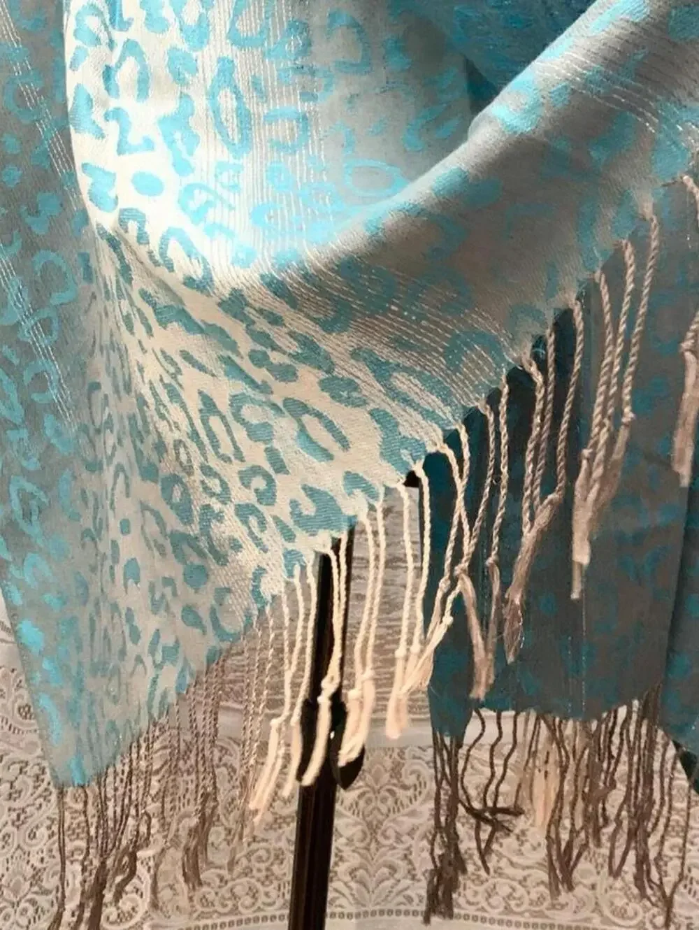 Turquoise Leopard Print Pashmina Shawl Aqua Cheetah Animal Wrap Scarf Fringe