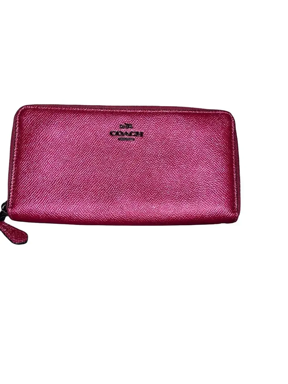 Coach Accordion Zip Wallet in Metallic Magenta Pink Crossgrain Leather