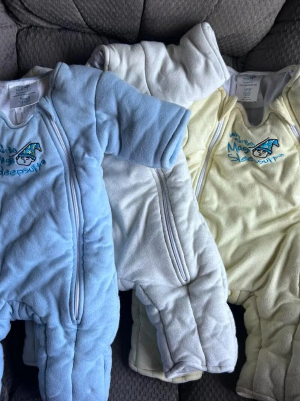 LOT OF 3 MERLINS MAGIC SLEEPSUITS FOR BABY - 2 SMALL 1 LARGE GUC