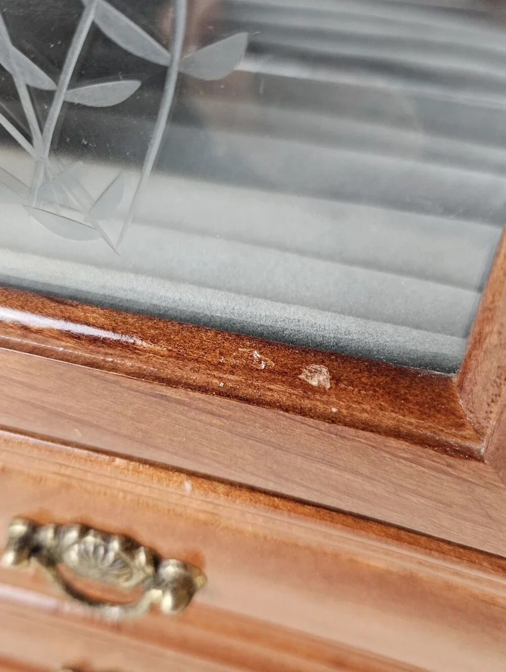 Vintage Wooden Jewelry Armoire Box 2 Drawers Ring Etched Glass Doors Felt Lined