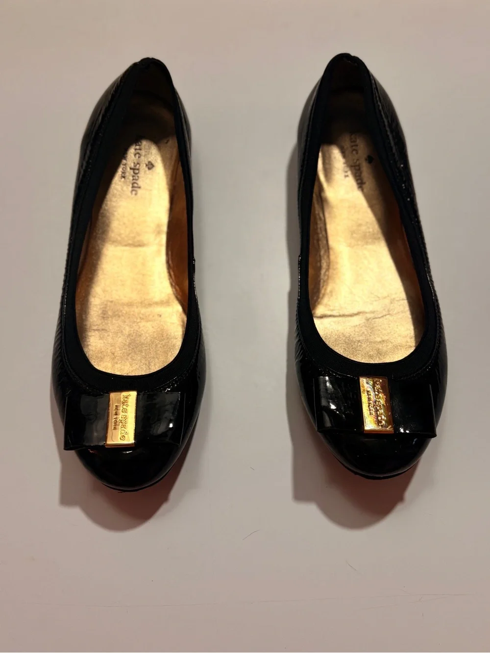 kate spade Black Patent Leather Bow Flats with Gold Plaque