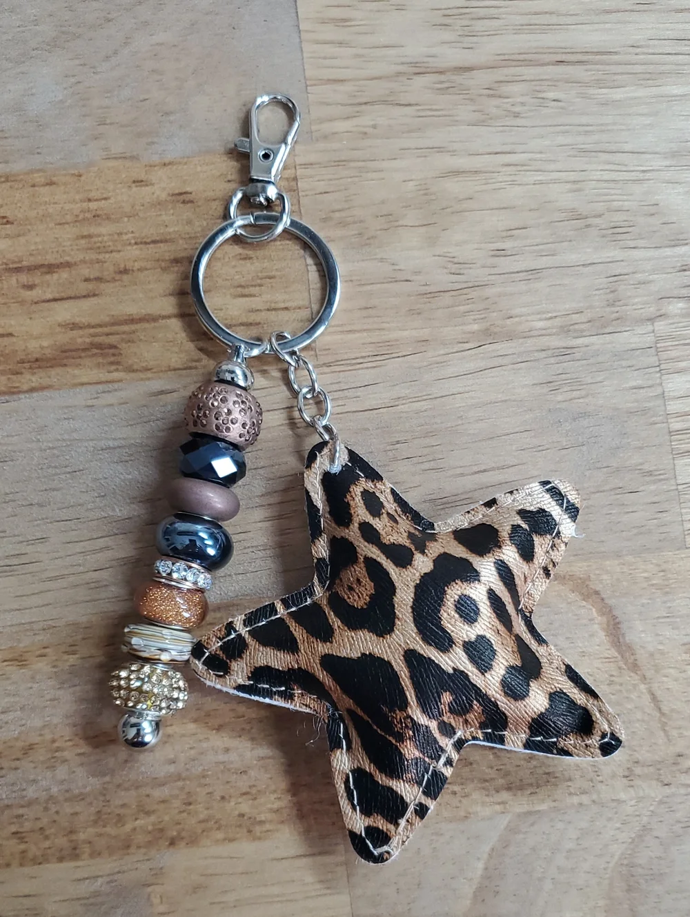 Leopard Star Keychain Charm - Metallic Brown Star and Beaded Accent