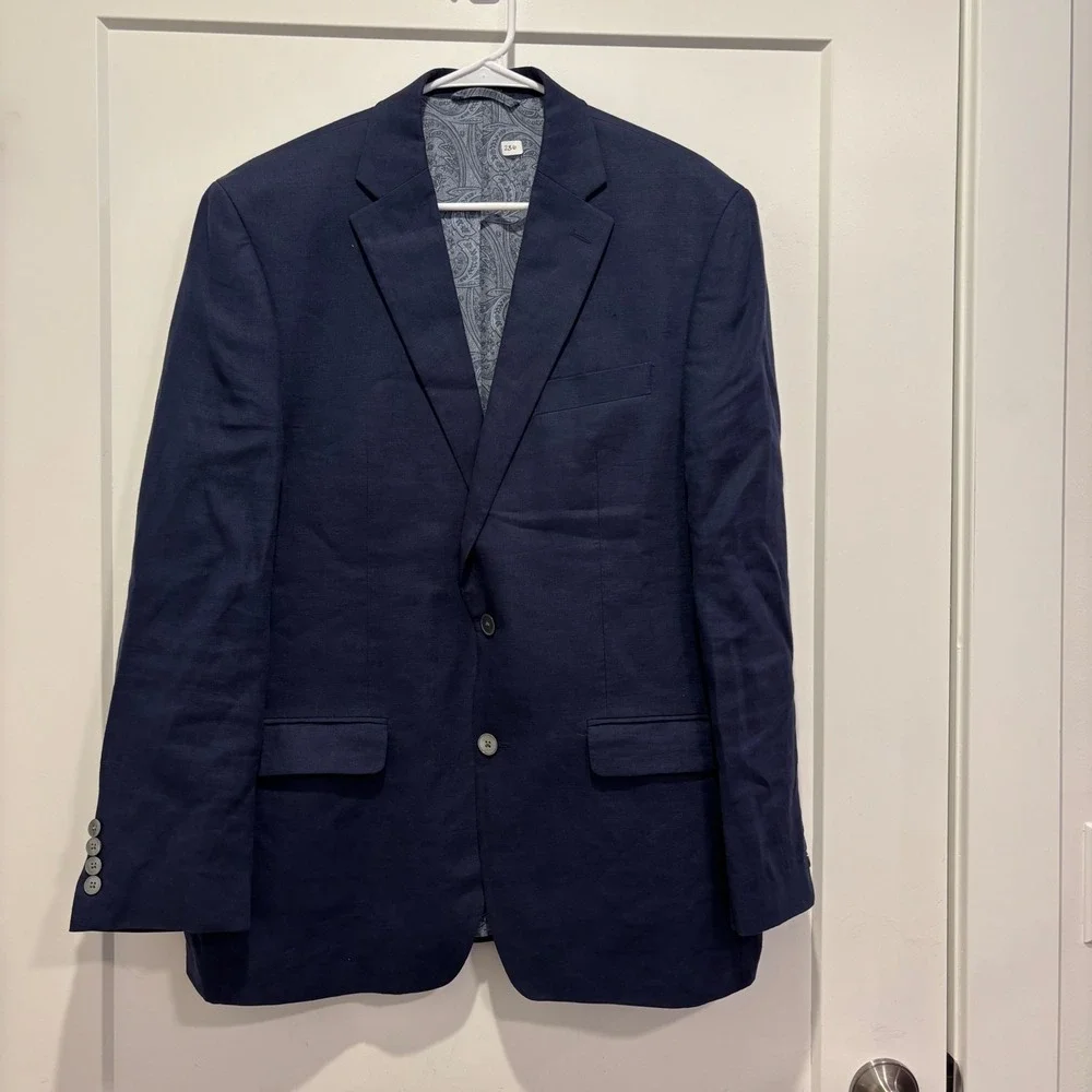 Macy's‎ Men's Store Navy Blue 100% Linen Blazer Sport Coat 42R Paisley Lining