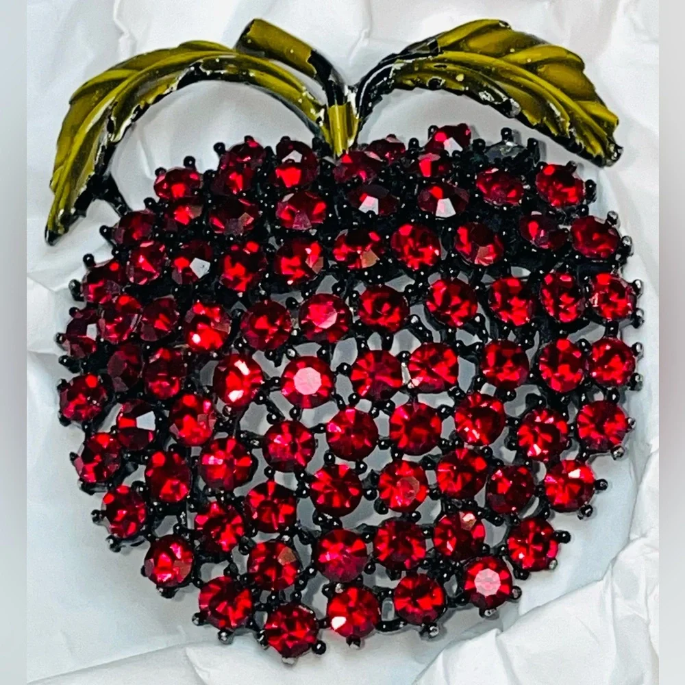 Weiss Red Rhinestone Apple Brooch Pin, Japanned Black Setting, Enamel Leaves