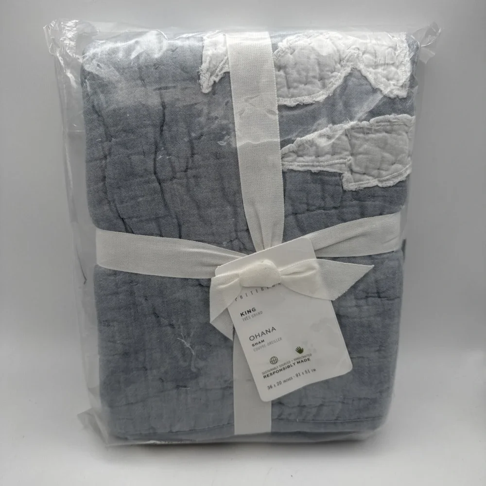 Pottery Barn Ohana King Pillow Sham Chambray Blue Quilted Hawaiian‎ Coastal