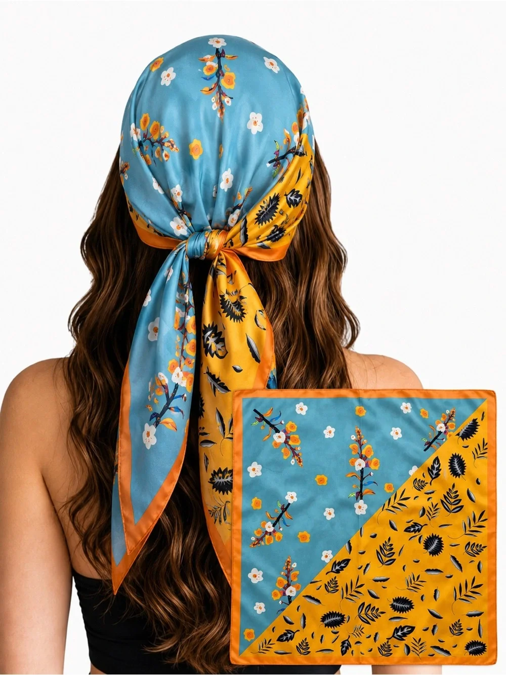Floral Reversible Satin Headscarf - Blue & Mustard
