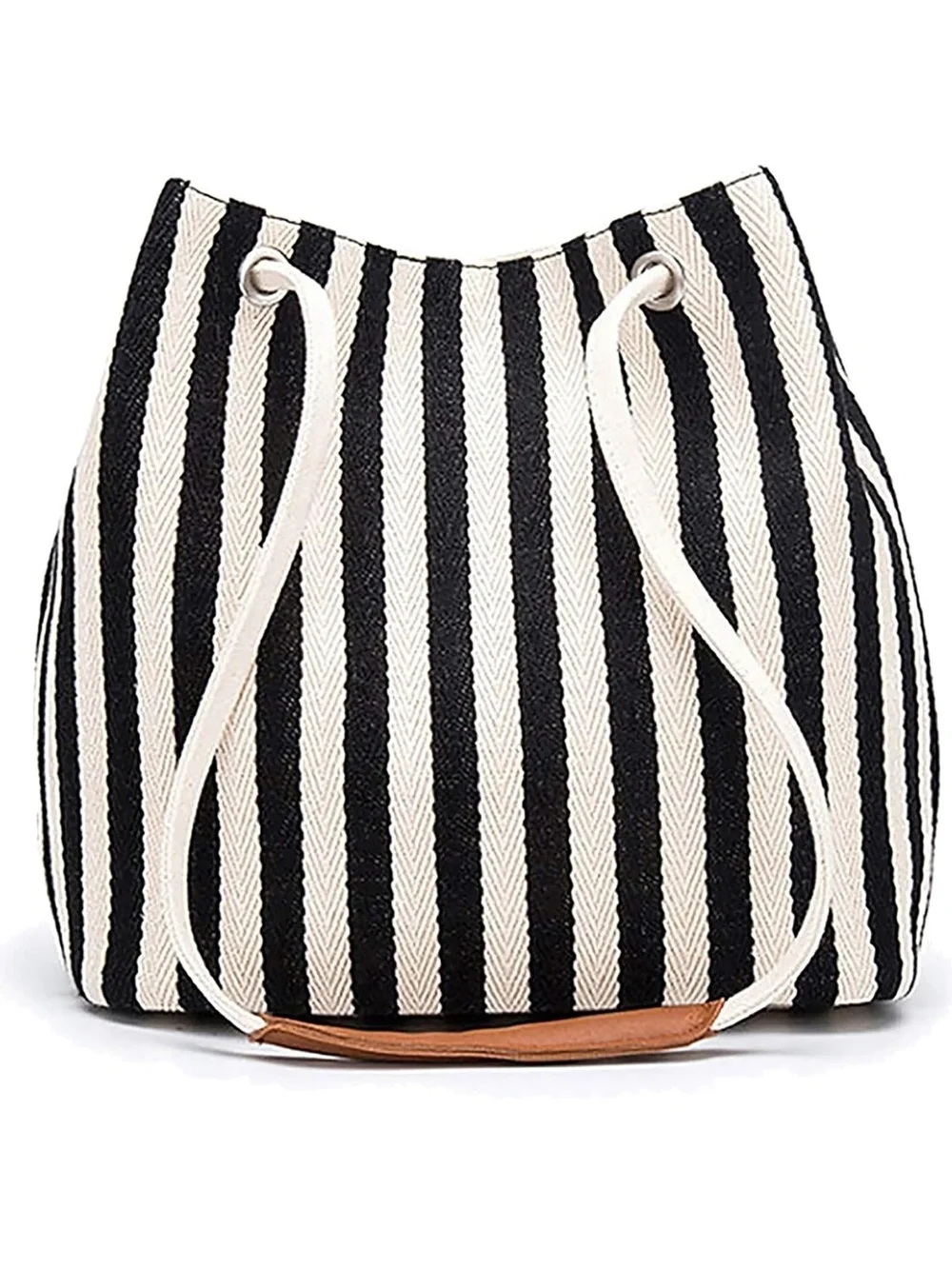 Striped Black & White Drawstring Bucket Bag