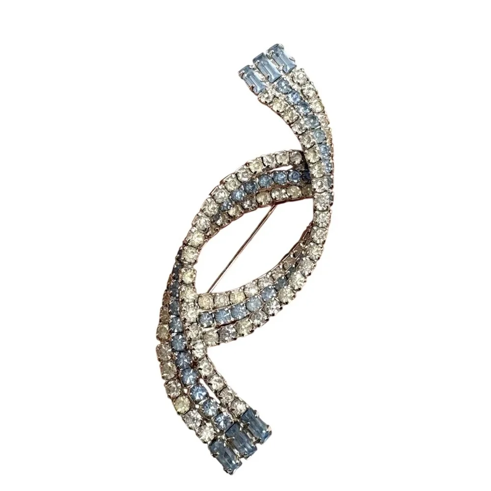 Vintage Light Blue & Clear‎ Rhinestone Twisted Silver Tone Retro Mod 50s/60s
