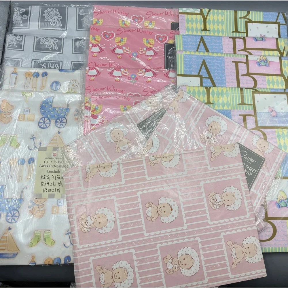 Vintage Baby Shower Gift Wrap Lot American Greetings Carlton‎ Cards 14 Sheets