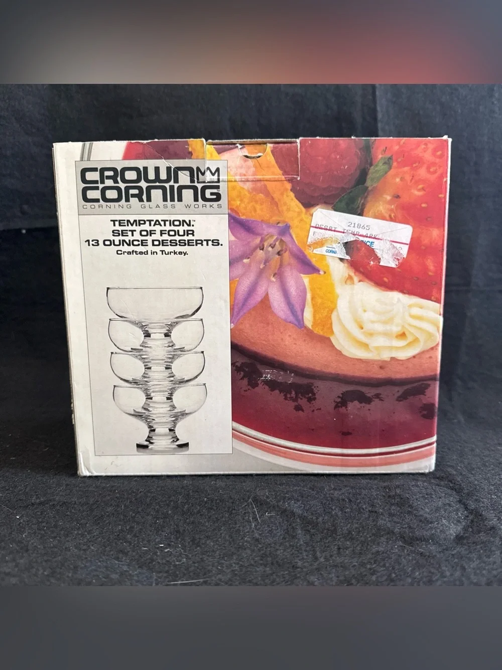 Vintage 80s Crown Corning Temptation Set Of 4 13Oz Dessert Glasses Cups Lot New