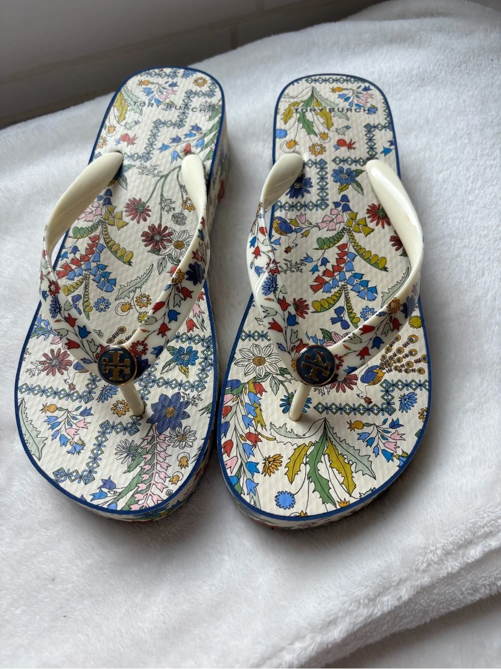 Tory Burch White Floral Platform Flip Flop Sandals