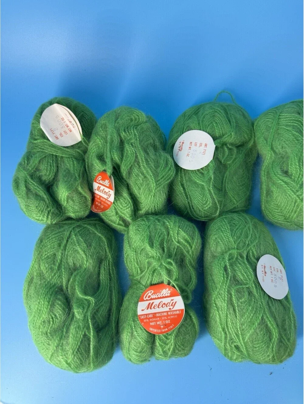7 Vintage Bucilla Melody Mohair Blend Yarn Skeins Bright Green 1 oz Italy