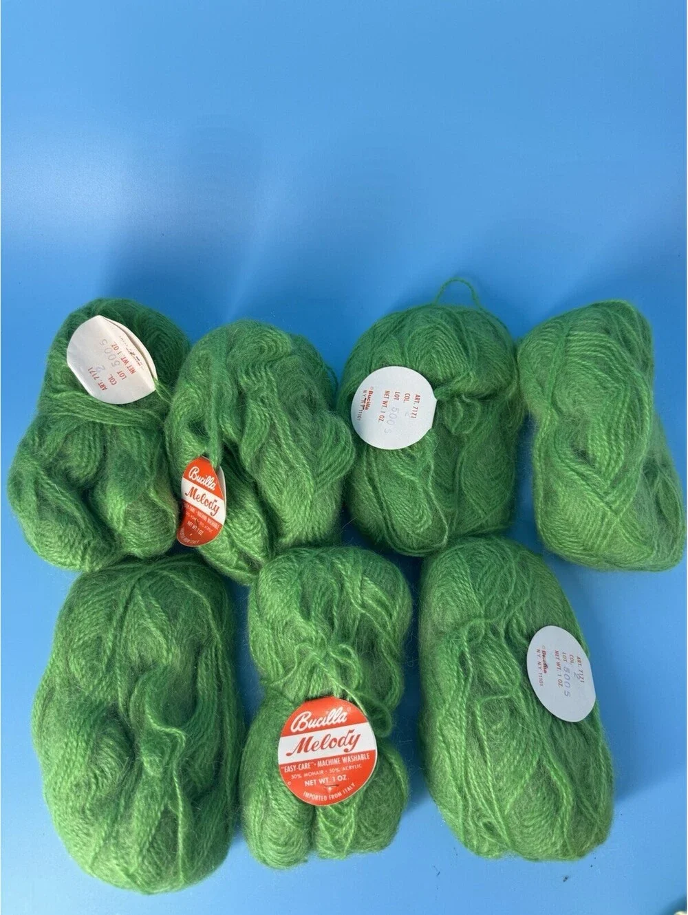 7 Vintage Bucilla Melody Mohair Blend Yarn Skeins Bright Green 1 oz Italy