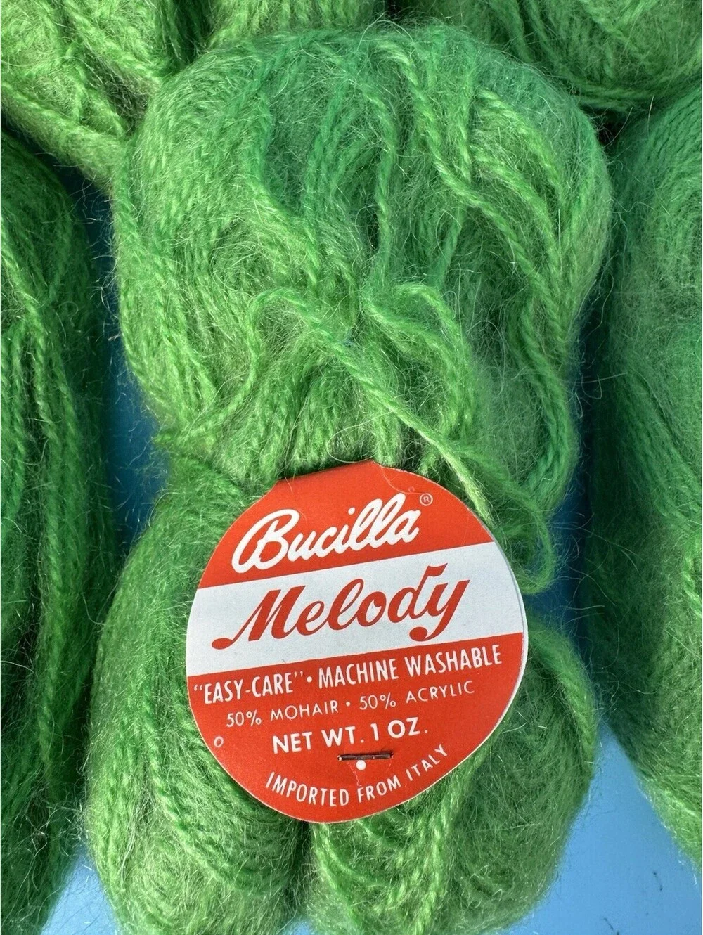 7 Vintage Bucilla Melody Mohair Blend Yarn Skeins Bright Green 1 oz Italy