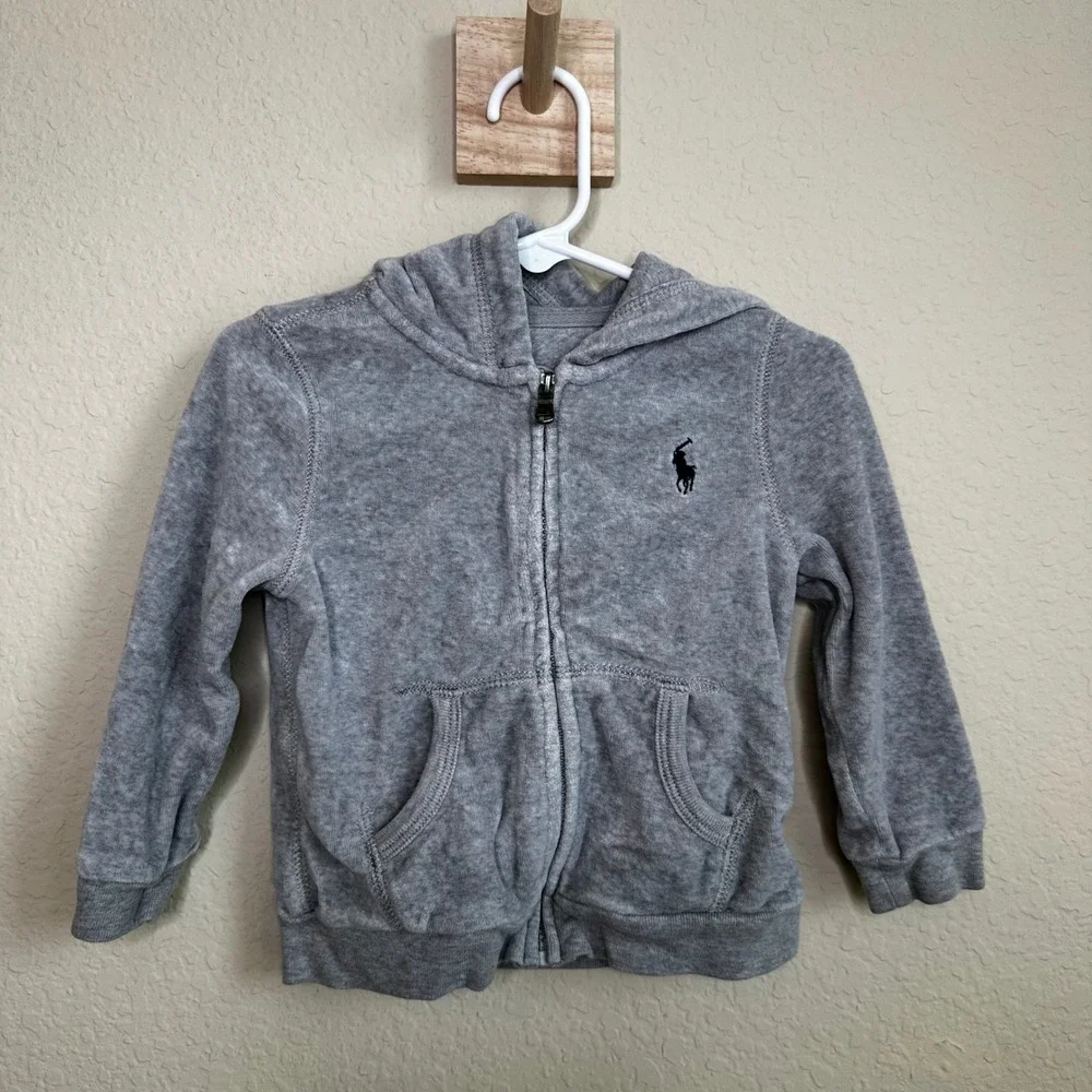 Ralph Lauren Baby Gray Velour Zip Up Hoodie Sweatshirt 18M Pony Logo