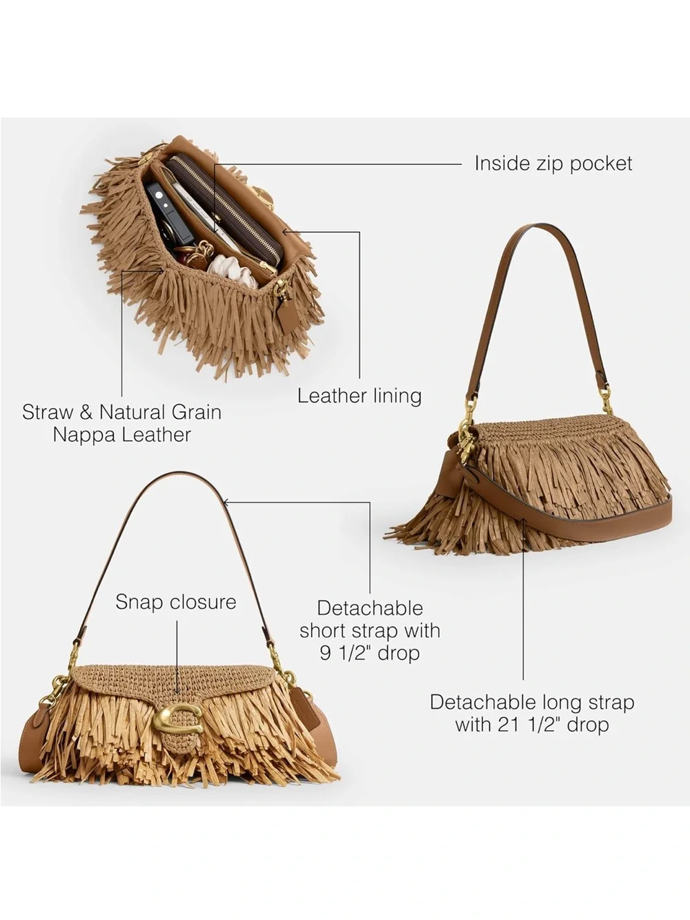New Coach Tan Straw Fringe Tabby 26 Shoulder Bag with Gold Hardware
