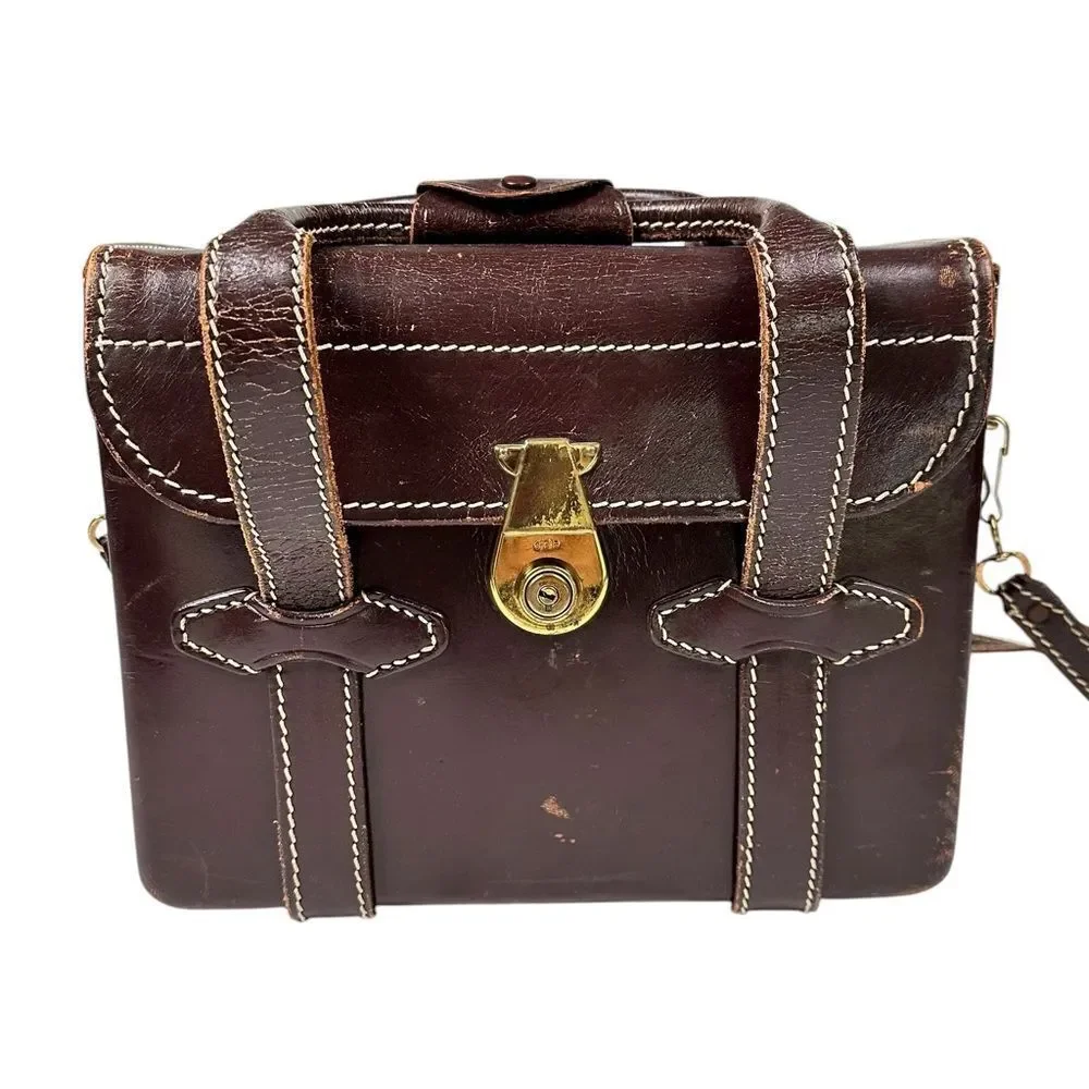 Cheney England Vintage Brown Leather Camera Satchel Crossbody Messenger Bag