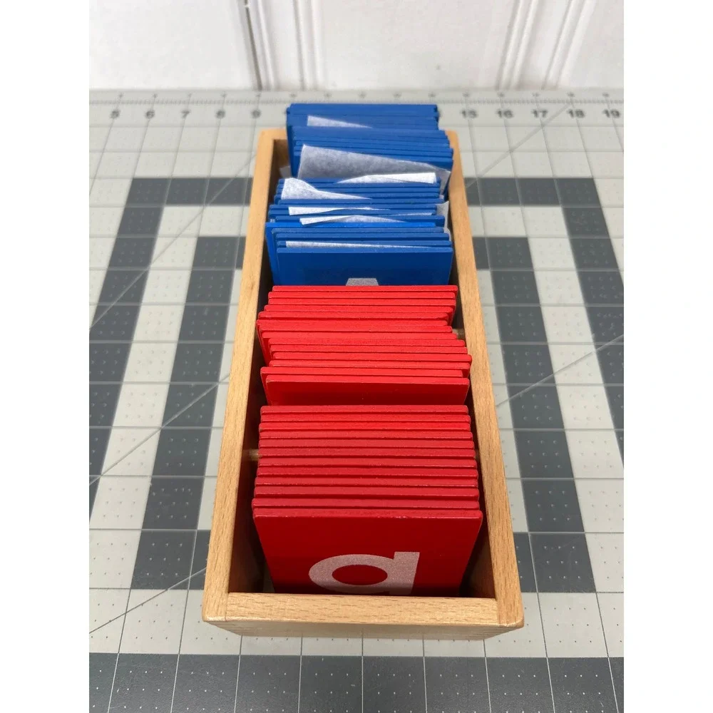 Montessori Sandpaper Letters Educational Red Blue Wooden Box Tactile Sensory