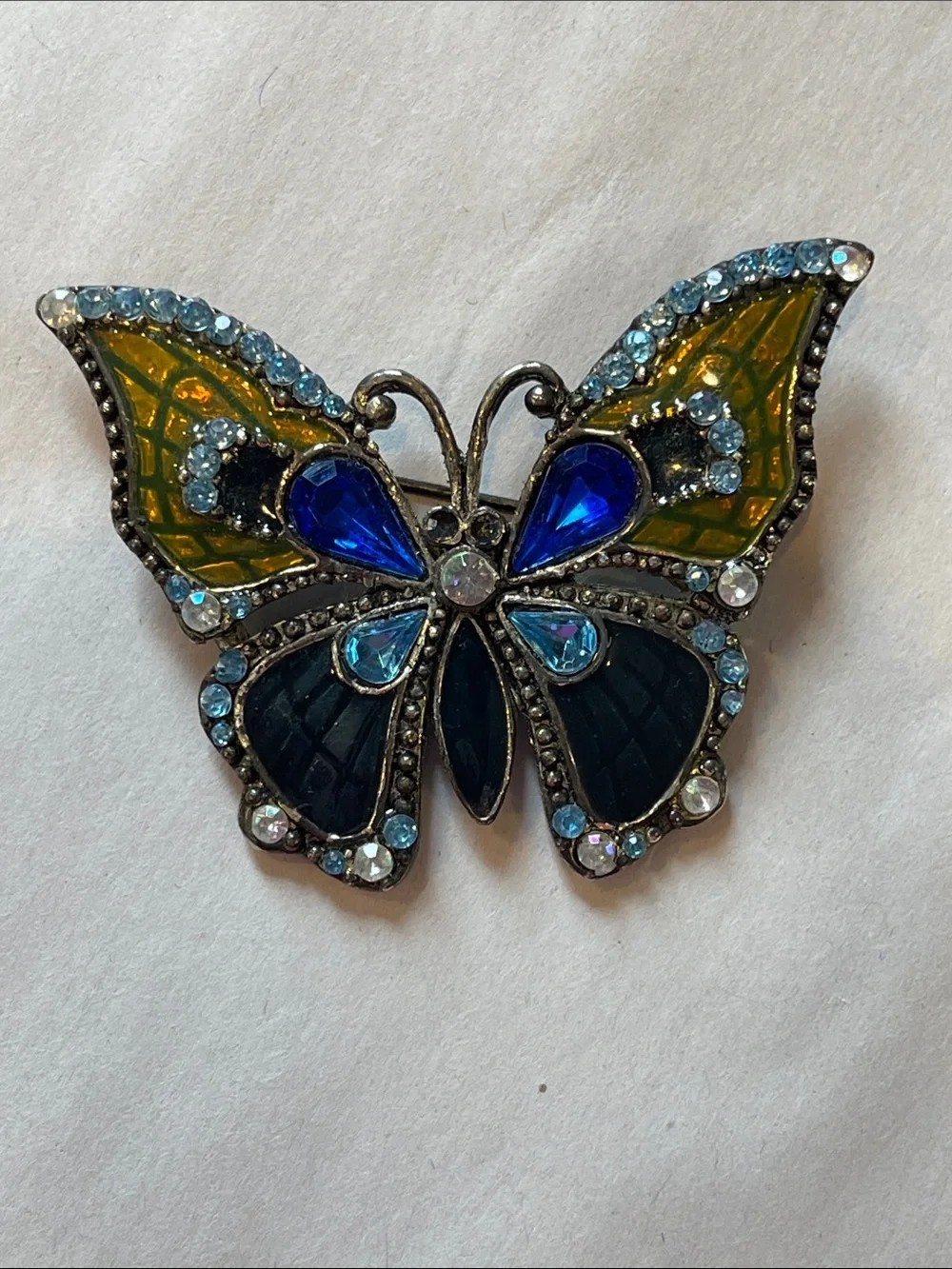 Blue and Yellow Butterfly Brooch with Rhinestones