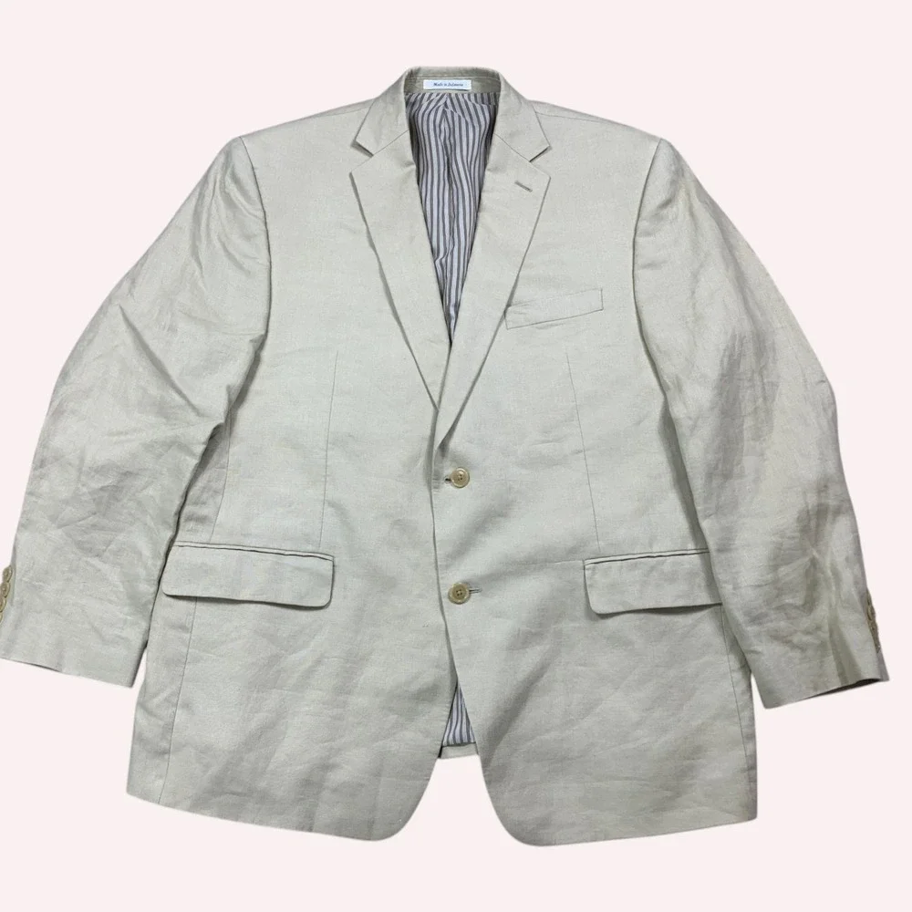 Calvin Klein Linen Blazer Mens 44R Beige 2 Button Vented Breathable Sport Coat