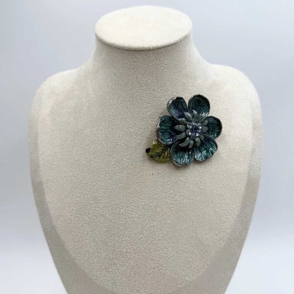 Vintage Teal Blue Enamel with Rhinestone Center Flower Brooch