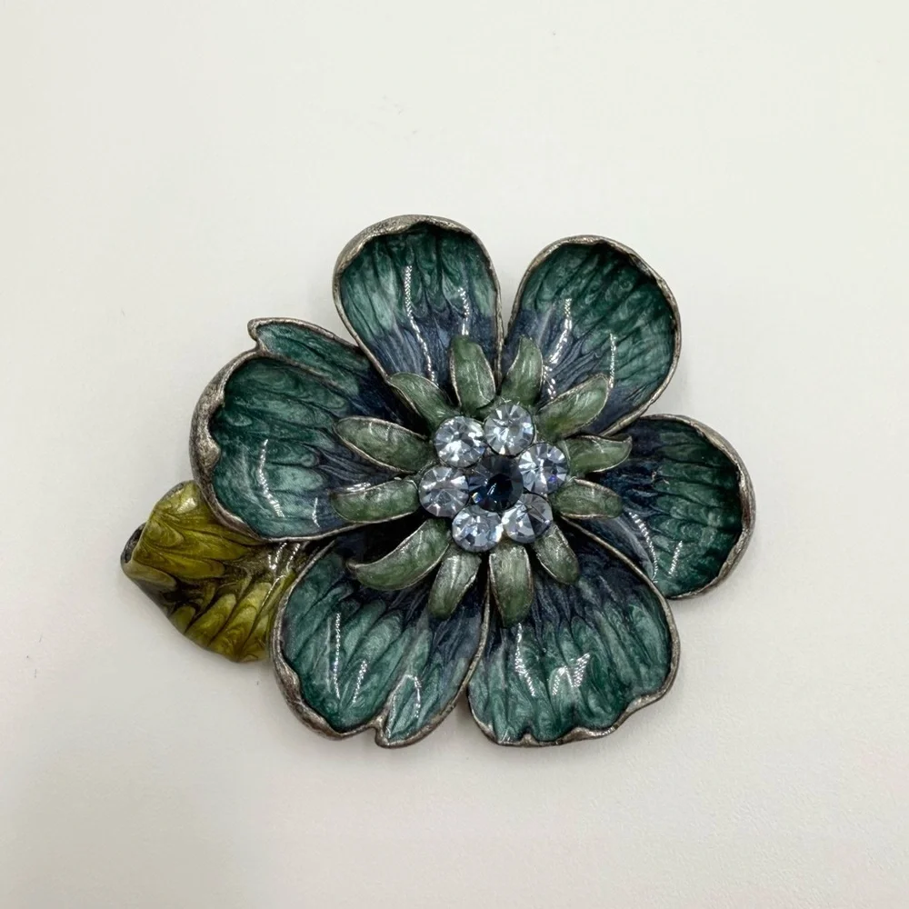 Vintage Teal Blue Enamel with Rhinestone Center Flower Brooch