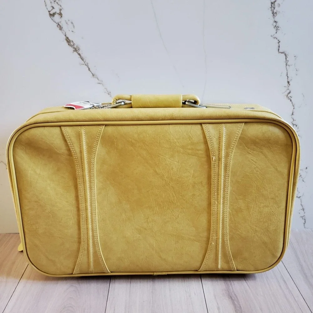 Vintage American Tourister Yellow Vinyl 2 Piece Soft Luggage Set Suitcases 1970s