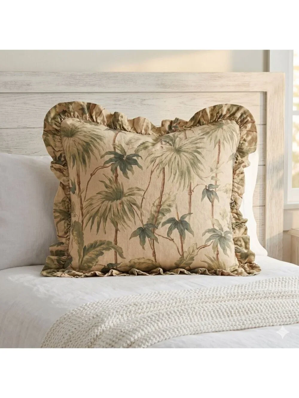 Vintage Ralph Lauren Euro Sham Belmont Oaks Palm Ruffled Tan Green Cotton 29x32