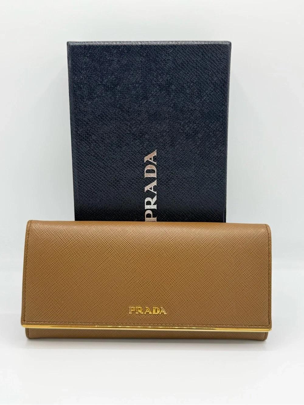 Prada Saffiano Metal Bar Flap Wallet in Caramel / Camello W/ card holder
