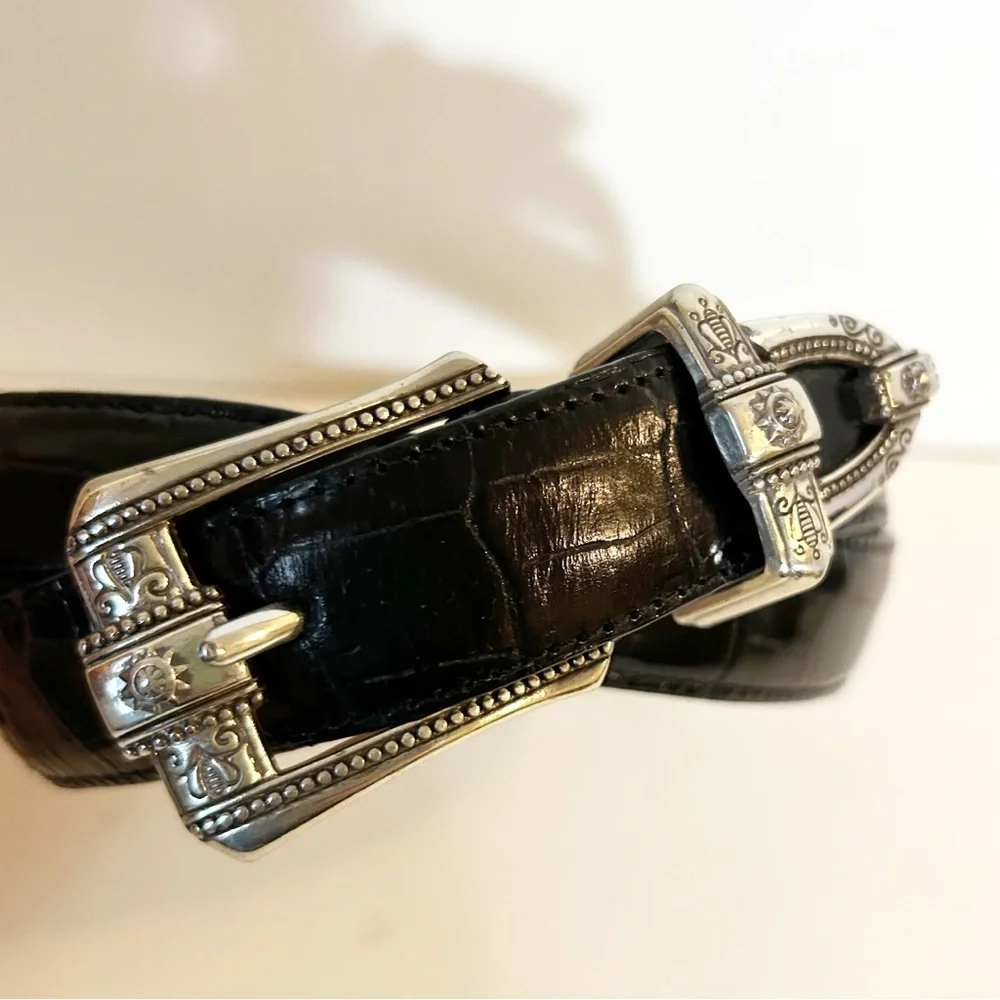 VTG Brighton Croc-embossed Black Leather Belt Western-style Silver Buckle ML 32