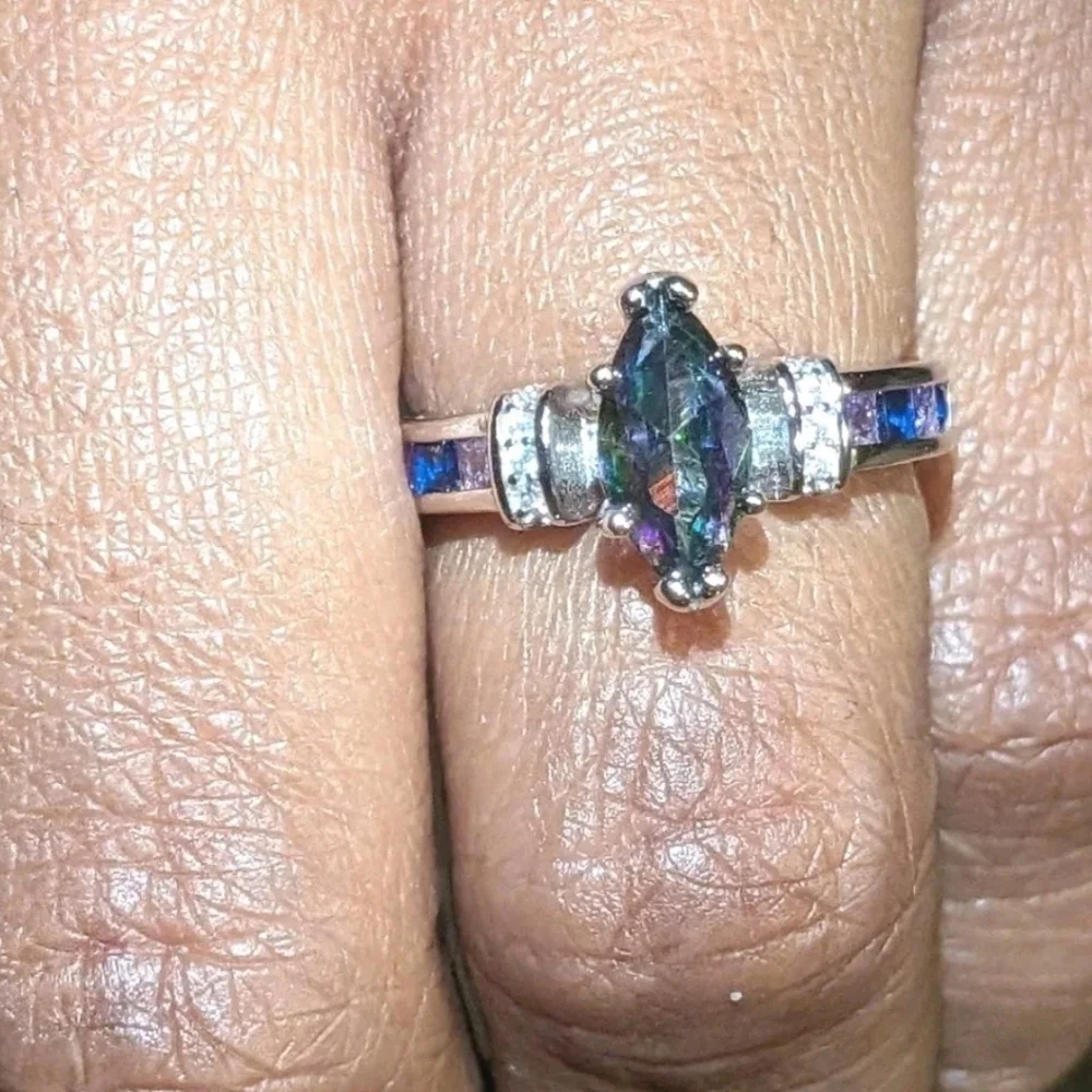 925 Sterling Silver Rainbow Fire Mystical Topaz + Amethyst Wedding Ring Sz 6