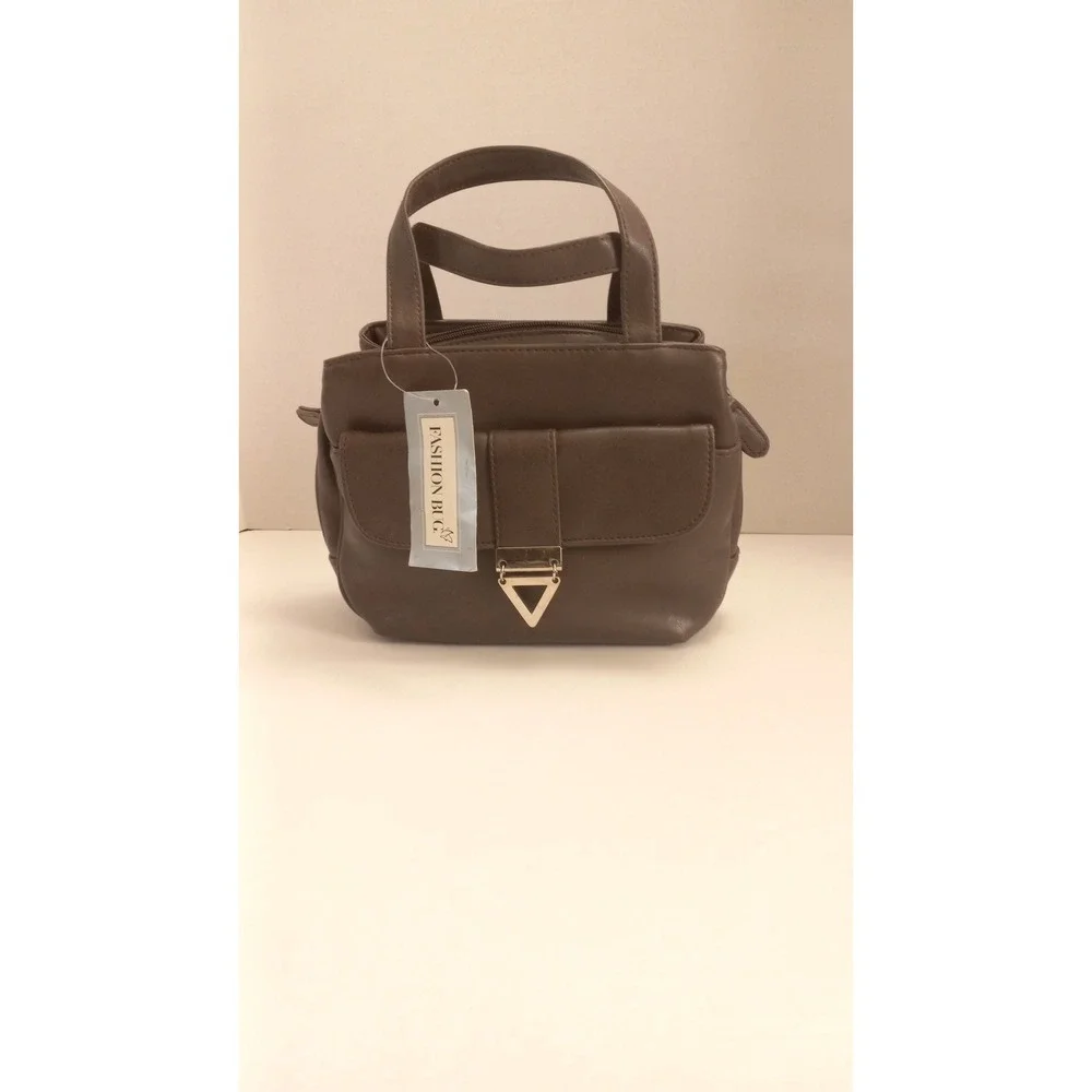 Fashion Bug Brown Faux Leather Satchel Handbag Gold Triangle Hardware NWT