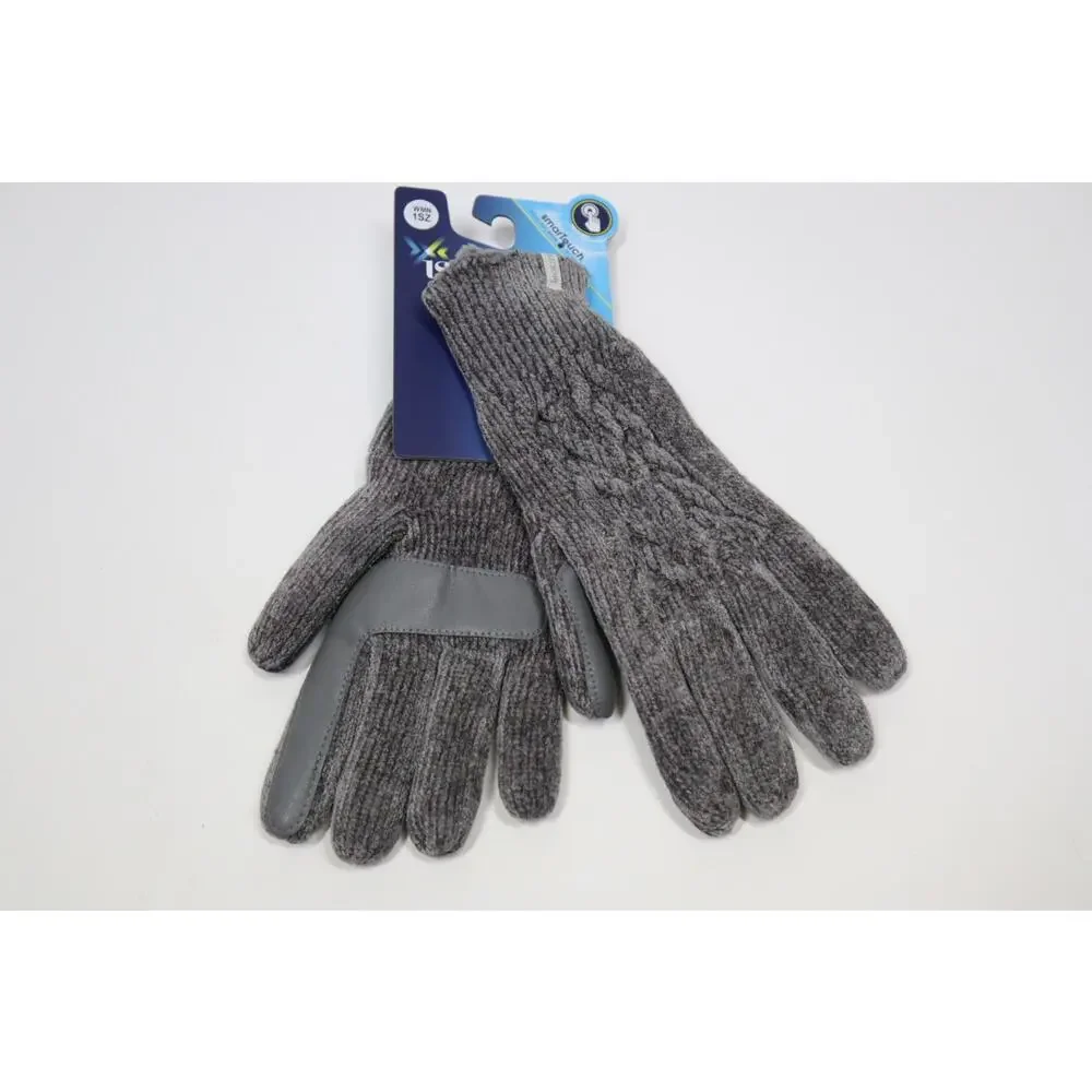 Isotoner Women's Grey Fuzzy Cable Knit‎ Gloves with Smart Touch