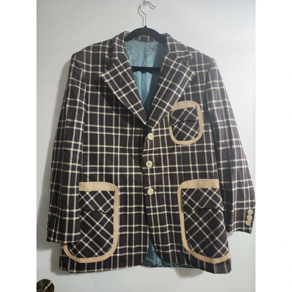 Vintage Jules de Berguae Plaid Blazer Eric Salm Chicago Brown Tan 44W38 Mens 43R