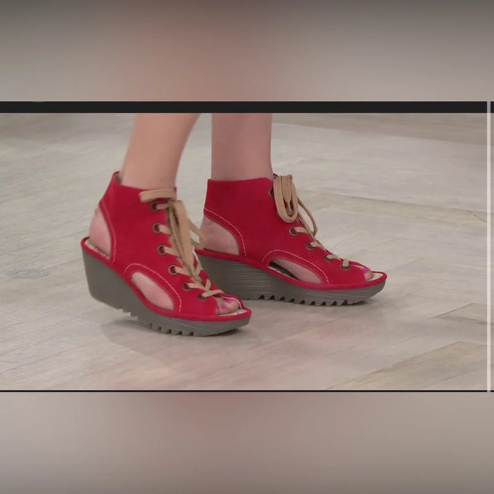 Fly London Red Suede Lace-Up‎ Wedge Sandals