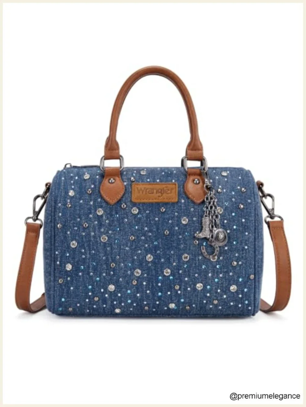 Rhinestone Denim Barrel Satchel Purse Crossbody Shoulder Bag Y2K Bling