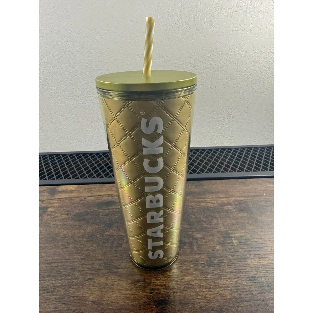 2024 STARBUCKS HOLIDAY METALLIC GOLD QUILTED 24oz VENTI‎ TUMBLER COLD CUP