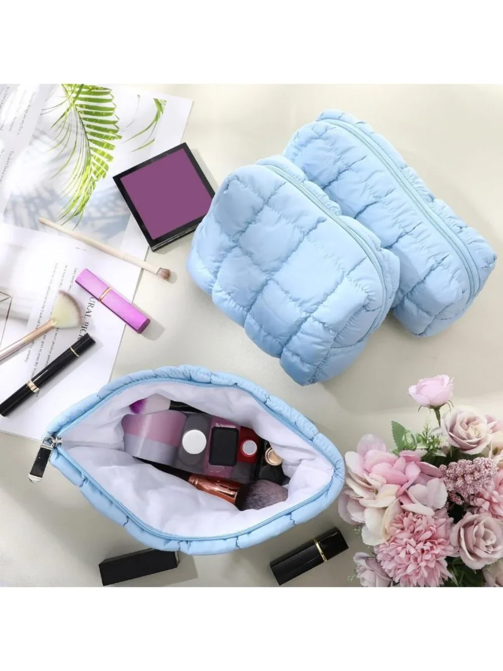 Cute Checkered 3-Pc Puffy Makeup Bag Set | Quilted Cosmetic Pouch & Toiletry