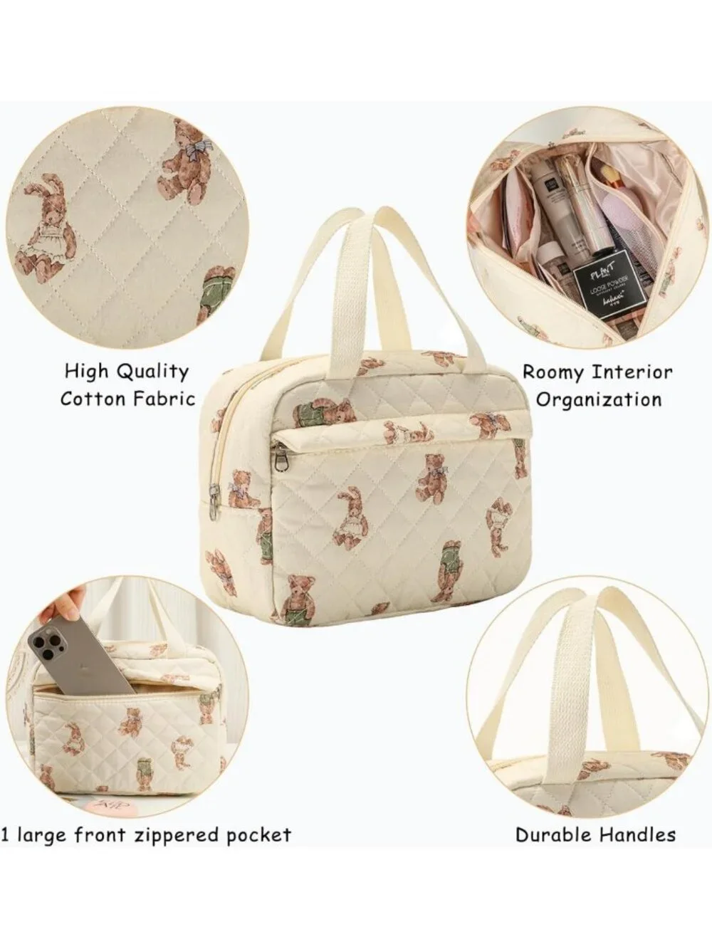 Large Quilted Makeup Bag - Cute Floral Travel Cosmetic Organizer with Handle